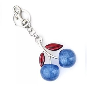 Cherry Keychain Bag Charm Blue Cherries Red Jeweled Leaves Silver tone hardware
